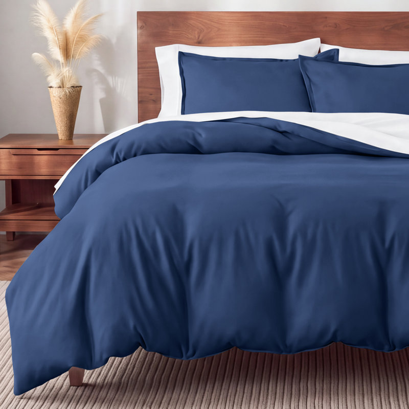 100% Cotton Flannel Duvet Cover Set, Dark Blue, King Duvet Cover + 2 King Shams