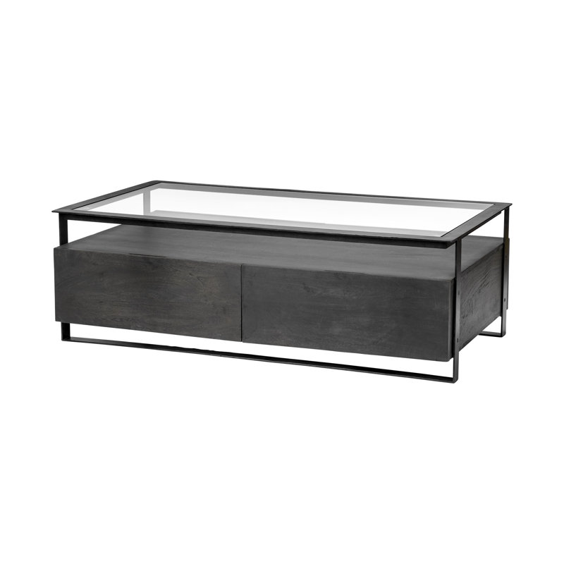 Table basse 30 "rectangulaire en verre transparent et noir avec quatre tiroirs et une tablette
