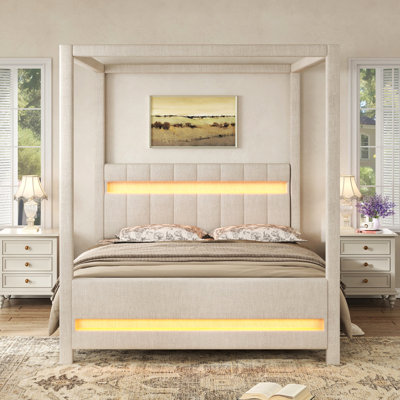Queen Size Upholstered Canopy Platform Bed With Led Lights, Headboard, Beige