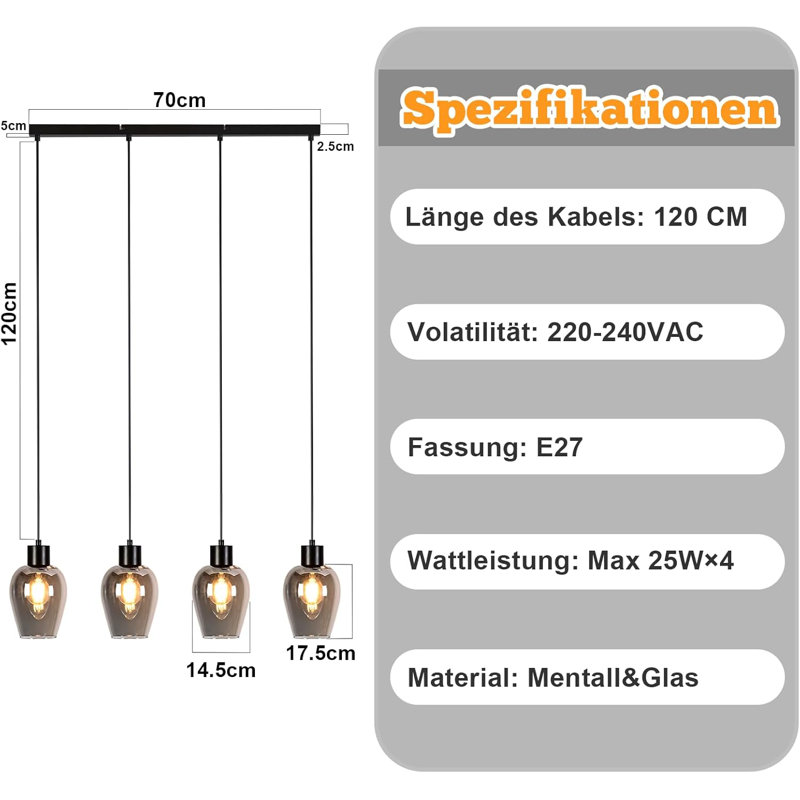 - Light Stainless Steel Pendant, 120cm H x 70cm W x 14.5cm D, 4 Lights