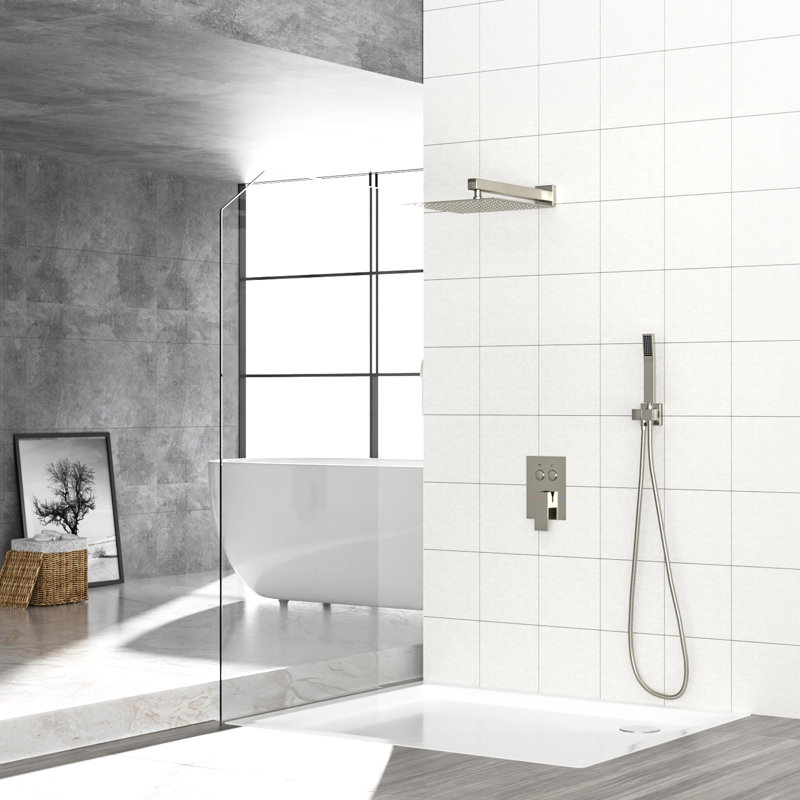 Douche murale double - Système carré, soupape équilibrée, système de pluie et tête à main carrée, douchette, Nickel brossé