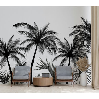 Papier peint amovible noir et blanc avec palmiers exotiques