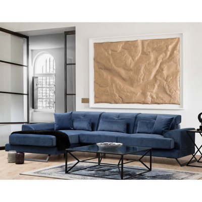 Modern Corner Sofa with Adjustable Backrest, Navy Blue | Beech Wood/Chipboard Frame, 74.8 x 119.6 x 36.2 inches | 100% Polyester Fabric, Dry-Cleanable | Includes 5 Pillows (20 x 20 & 25.6 x 11.8 in) | Stylish & Comfortable Design