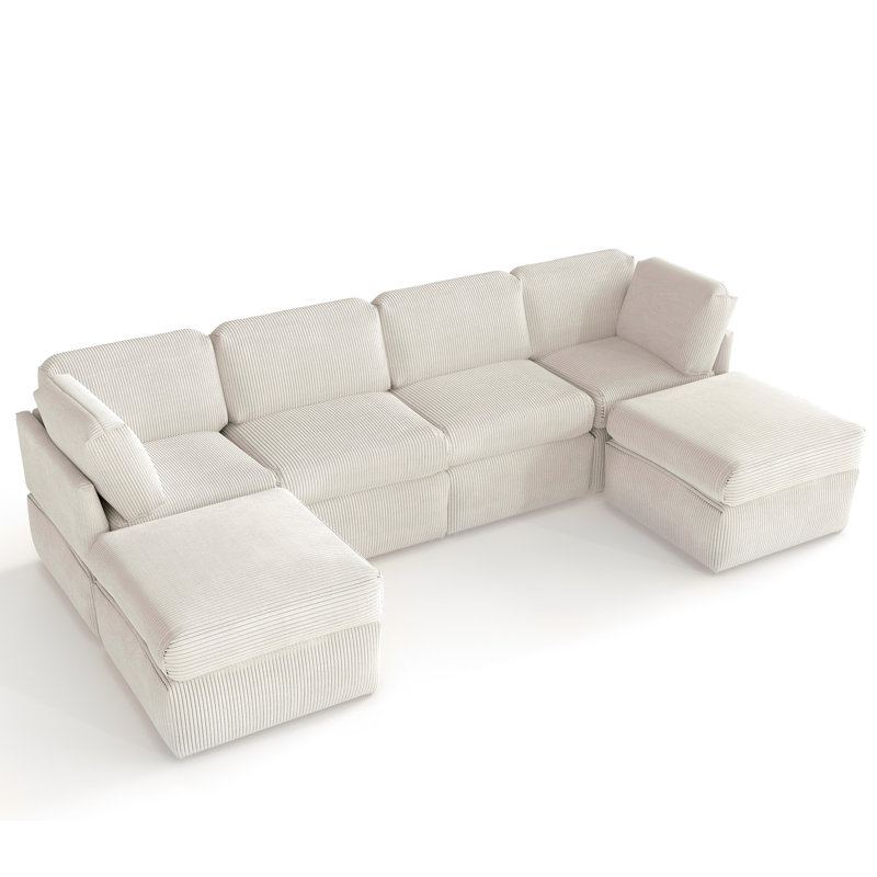 Joko 130.7" 6-Seater Corduroy Reversible Modular Corner Sectional Sofa with Ottoman U-Shape, Beige Corduroy
