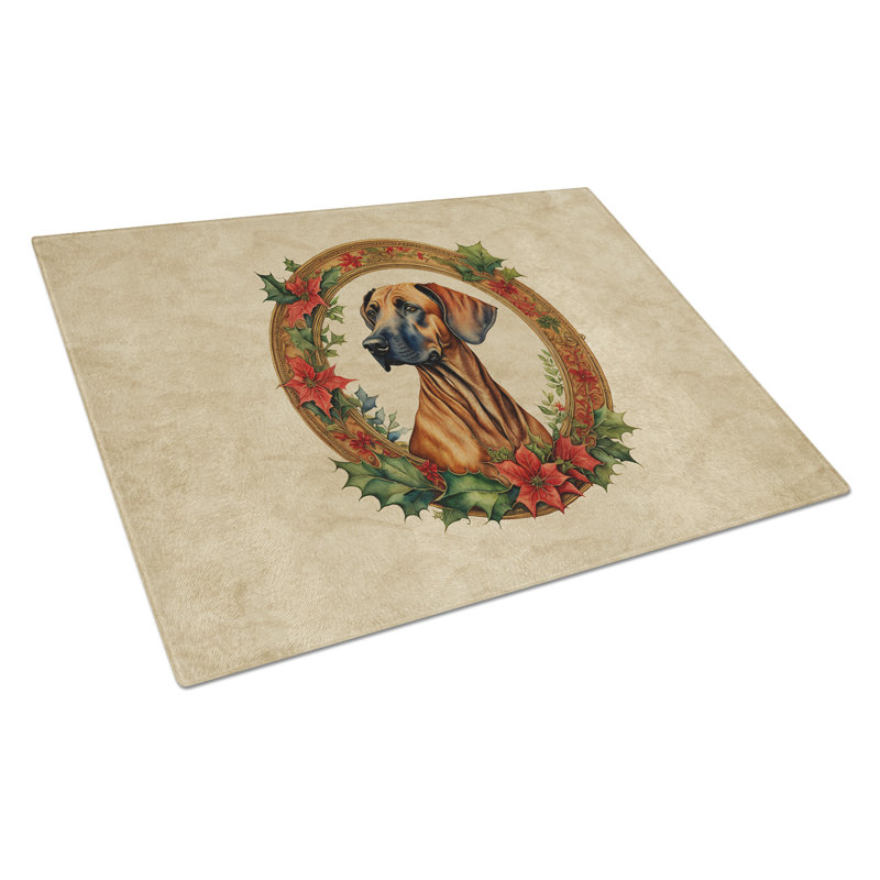 Rhodesian Ridgeback Christmas Flowers Glass Cutting Board