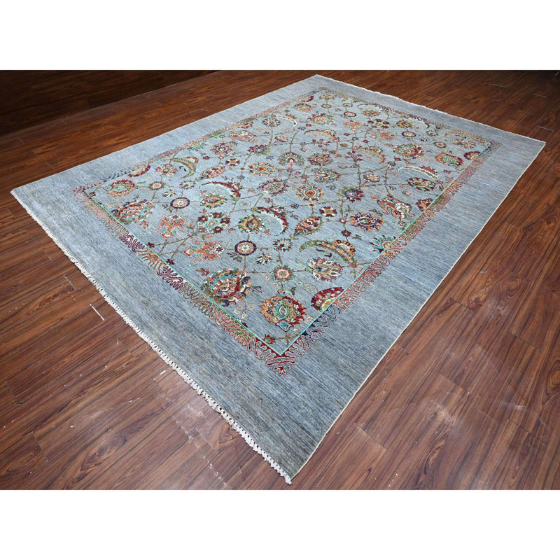 Tapis oriental gris en laine noué à la main 8 pi 10 po x 11 pi 11 po Sultani Tebraz Shah Abbas