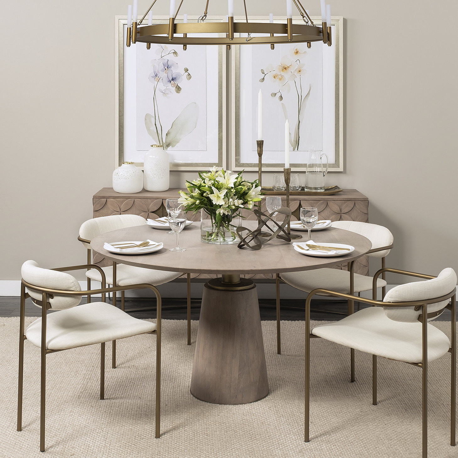 Thelma 54'' Round Dining Table, Light Brown/Gold