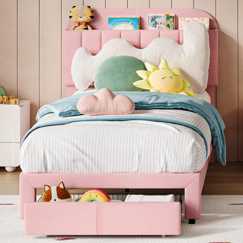Bed Frame With Drawer, Velvet Upholstered Platform Bed Frame With Storage Headboard, Pink