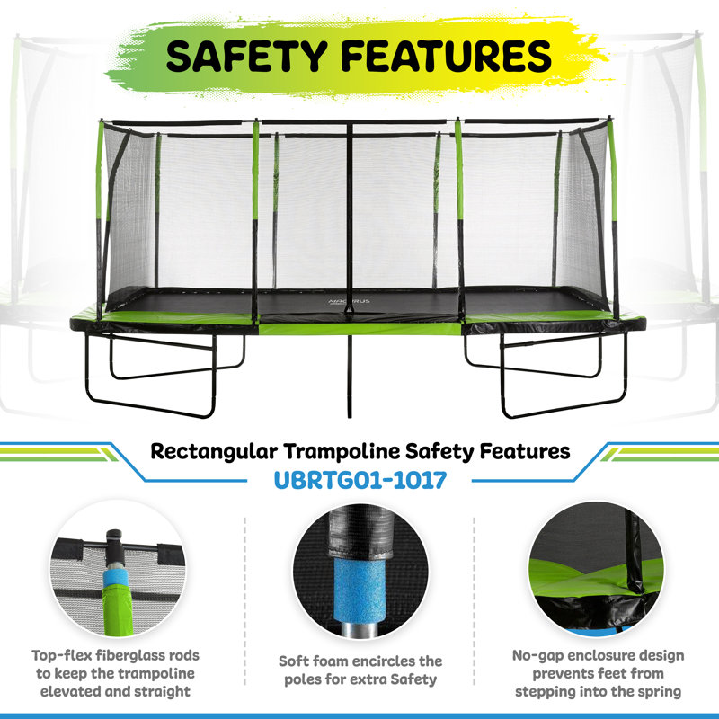 Mega 10' x 17' Black and Green Rectangular Trampoline with Enclosure