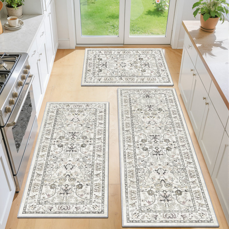 Tapis de cuisine en nylon polaire lavable antidérapant (ensemble de 3), Crème, crème
