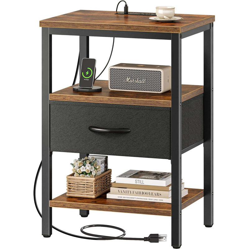 Night Stand With Charging Station, LED Nightstand For Bedroom, Bedside Tables With Adjustable Fabric Drawer, 3-Tier End Table Living Room, Small Side Table With Storage, 