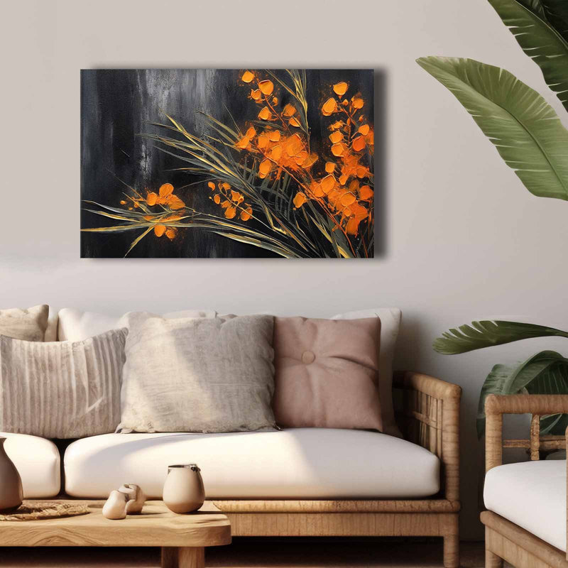 Golden Bloom On Charcoal Canvas Wall Art
