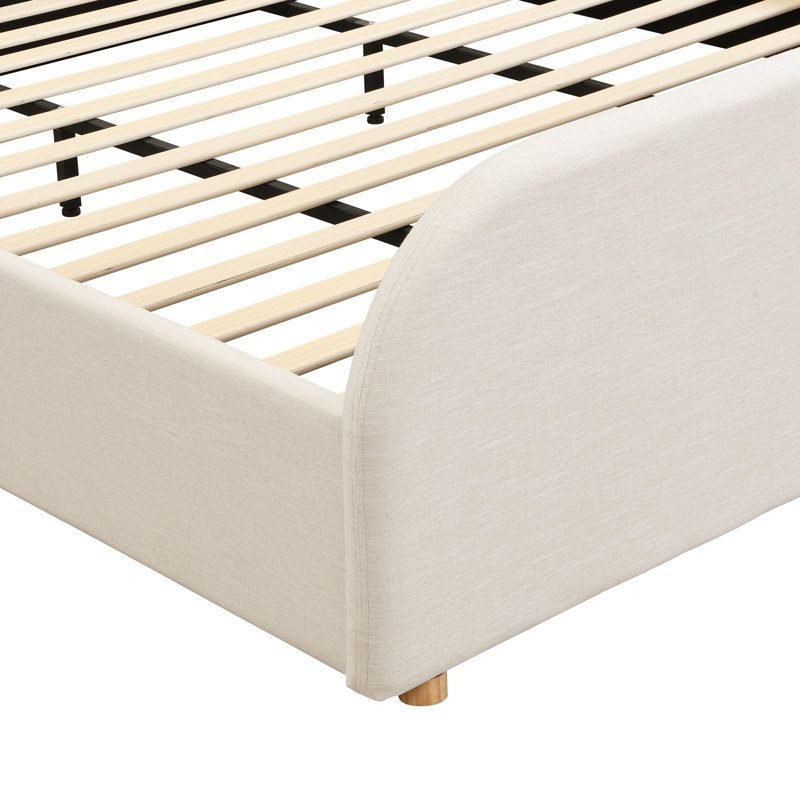 Très grande base de lit très grand avec tête de lit tapissier recouverte de lin et pieds en bois massif, beige