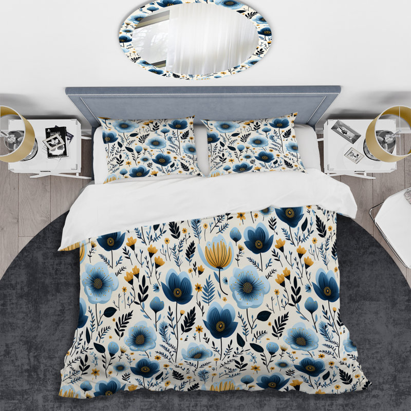 Ensemble de housse de couette Nordic Yellow Blue Garden Dreams I - Floral, Housse de couette simple + 1 taie décorative stan