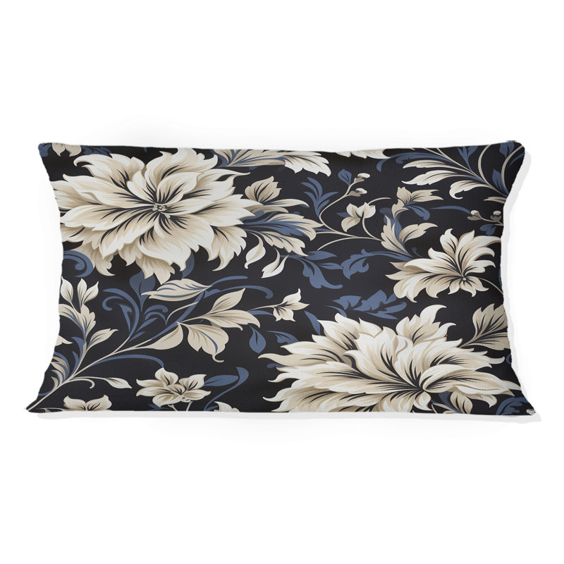 Coussin en polyester damassé bleu foncé et beige