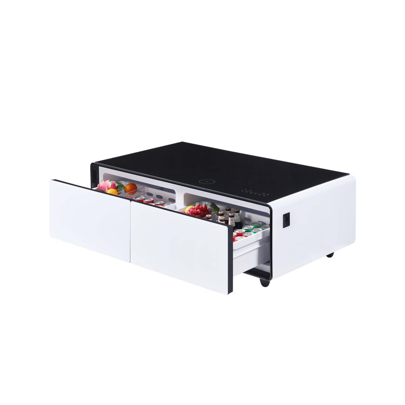 Table basse moderne et intelligente avec réfrigérateur intégré, haut-parleurs Bluetooth, charge sans fil, prises de courant, ports USB et lumières RVB