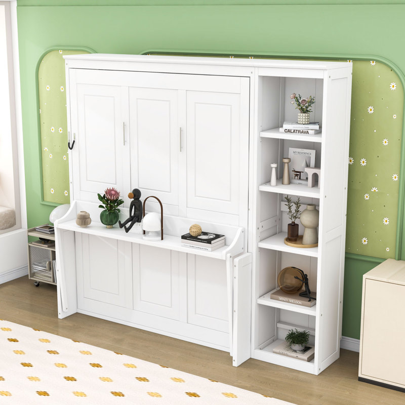 Lit escamotable mural Ell Elletsville avec tablettes, Grand, Blanc, Un lit et une armoire de rangement latérale avec