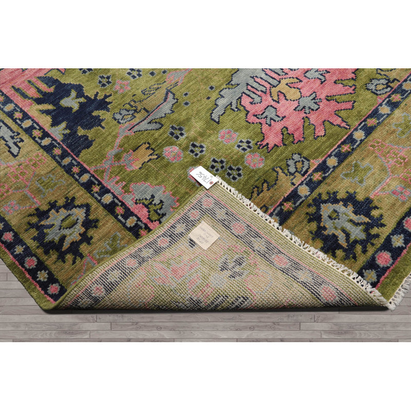 Tapis multicolore en laine noué à la main Oushak William Morris vert, rouille, Tapis de couloir 2 pi 6 po x 20 pi