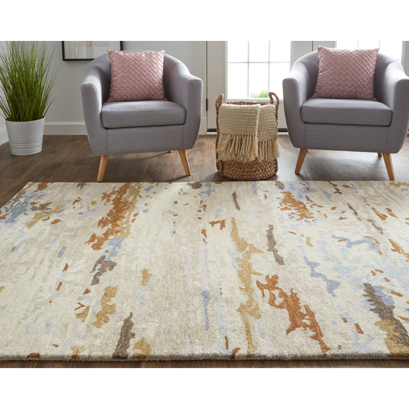 Casual Abstract, Ivory/Blue/Brown Area Rug, Rectangle 4' x 6'