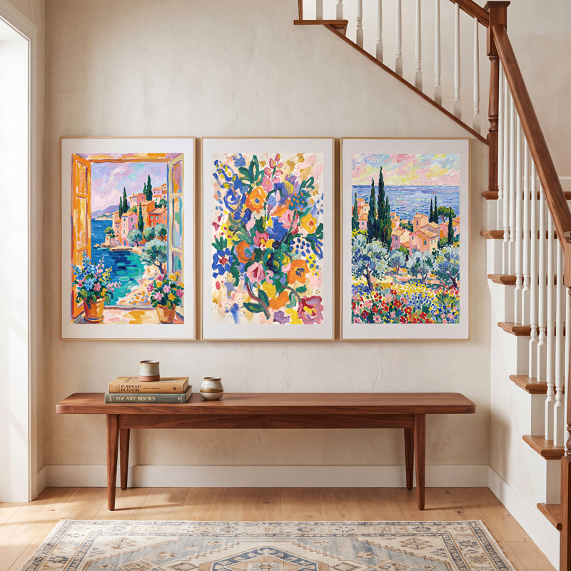 3 pièces d'art mural sur toile encadré, décor mural impressionniste méditerranéen, bord de mer