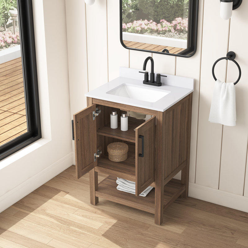 Meuble-lavabo simple Vegas de 61 cm (24 po) en noyer épicé, comptoir en pierre reconstituée blanc tourterelle, quincaillerie noire mate