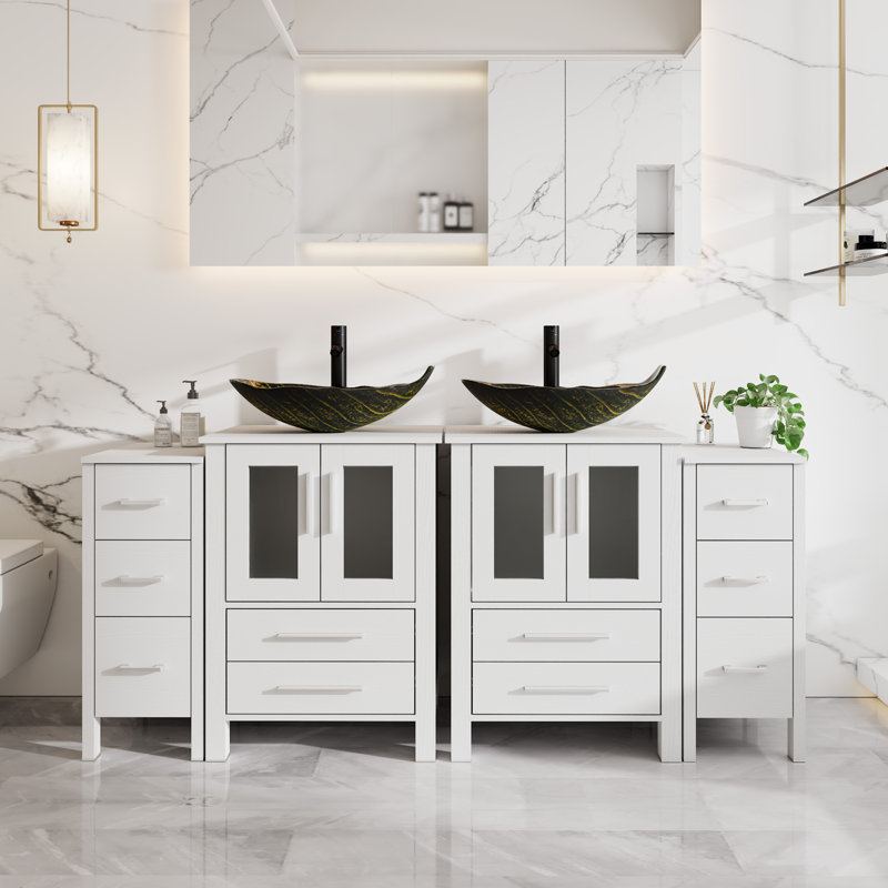 Ensemble de meuble-lavabo double 72 po avec robinet Veseel autoportant, robinet et bonde escamotable