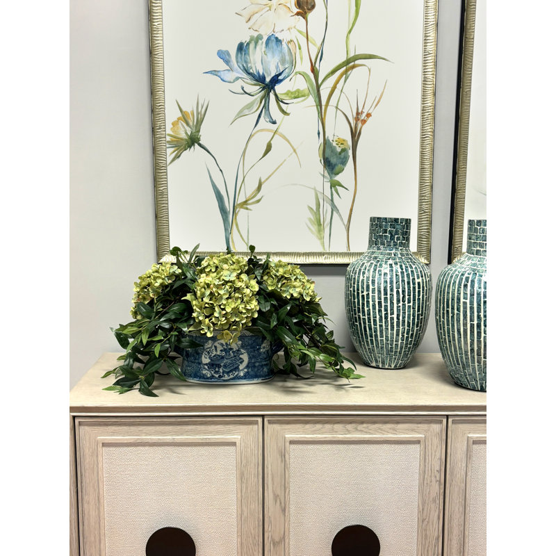 Hydrangea and Ruscus Arrangement in Ceramic Pot