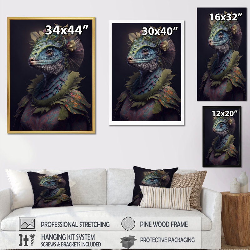 Dino bleu portant un costume de reptile - art mural sur toile de dinosaure, H 20 po x l 12 po, Toile tendue