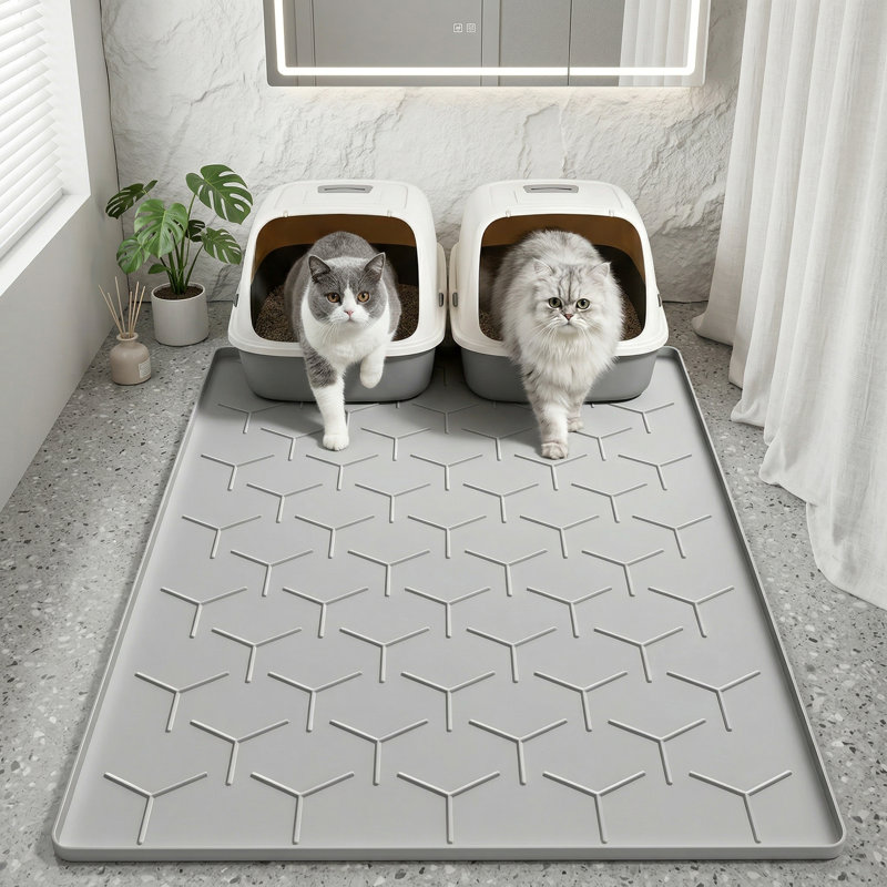 Très grand tapis de litière pour chat, 40 po x 28 po, piège efficacement la litière, protecteur de plancher imperméable en silicone, gris