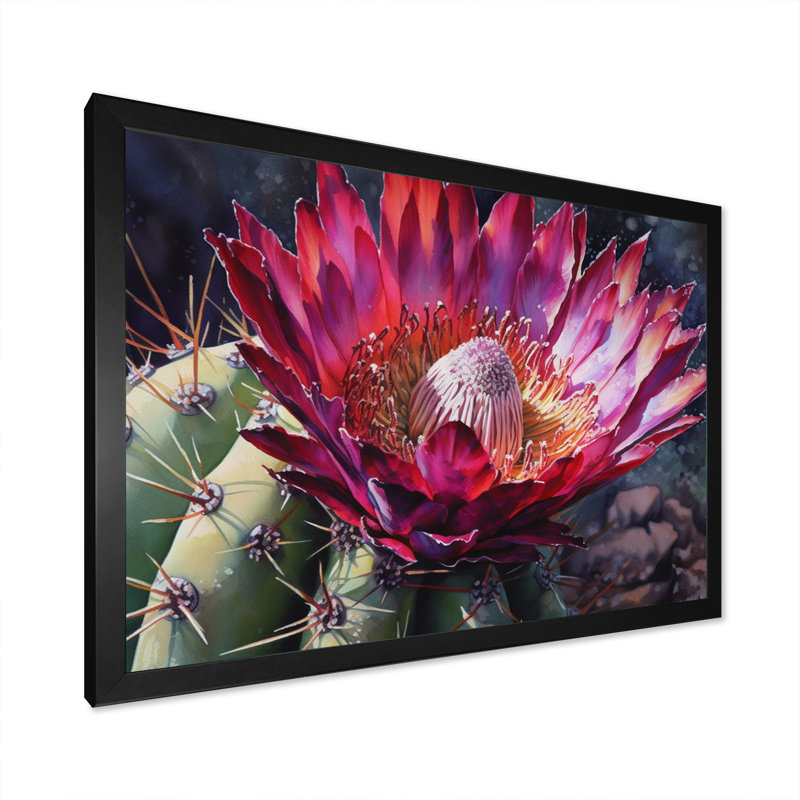 Rynesha, fleur de cactus rose vert sur toile, Cadre photo noir, H 12 po x l 20 po x P 1 po