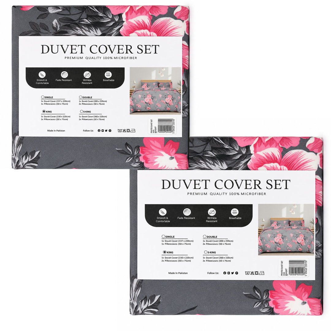 Aspire Homeware Grey Floral Duvet Cover Set (Pack of 2)