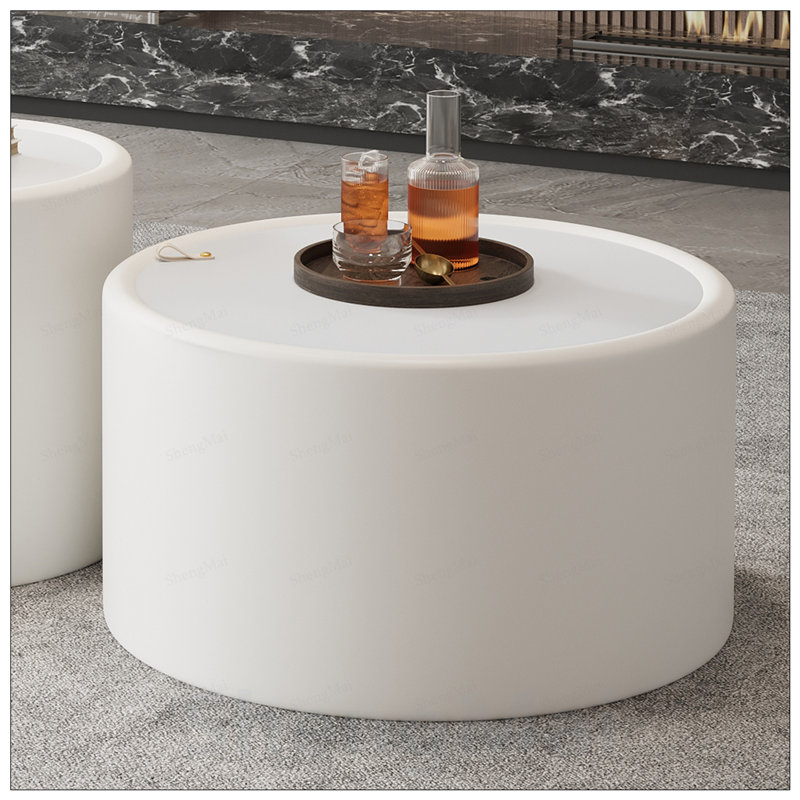 Table basse ronde avec plateau en verre trempé, structure en similicuir et rangement caché pour les salons modernes, Blanc