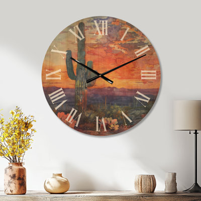 Horloge murale Botanical Wood - Cactus Desert Sunset II