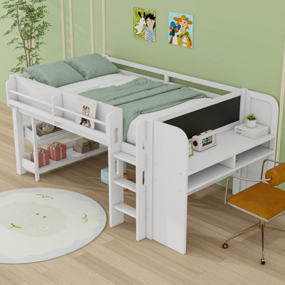 Wooden Loft Bed With Storage Shelves, Desk, Blackboard And Ladder