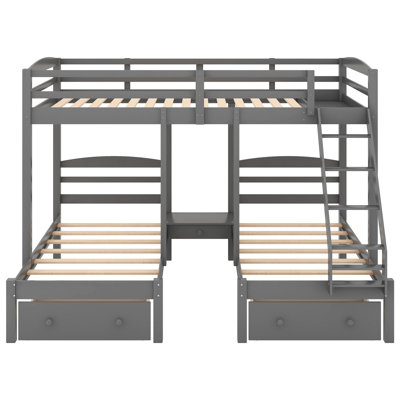 Triple Bunk Bed with Storage Drawers, Full Over Twin & Twin, Gray, Space-Saving Design, 70"H x 99"W x 99.4"L