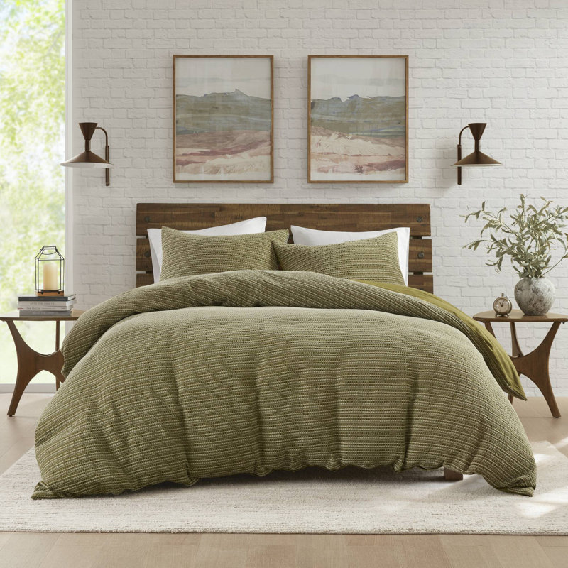 Lyon Oversized Cozy Cotton Waffle Washed Duvet Set, Green, Full/Queen Duvet Cover + 2 Standard Sham