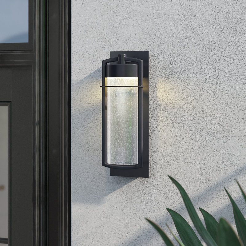 Alanson 15.5 in. H 1-Light Carbon Bronze Contemporary Outdoor Wall Sconce made of Durable Steel, Clear Seeded Glass Shade, Integrated LED, Use for Exterior Porch Patio Front Door or Garage