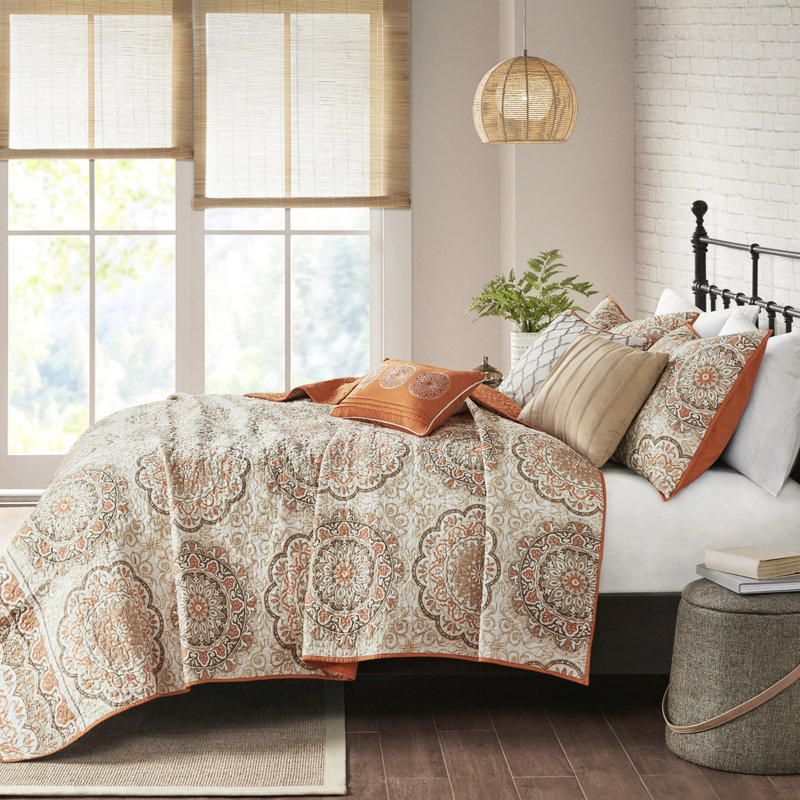 Literie très grand / très grand de couleur orange, médaillons floraux, coussins brodés, 3 taies décoratives et 2 coussins 6 pièces, courtepointe réversible orange