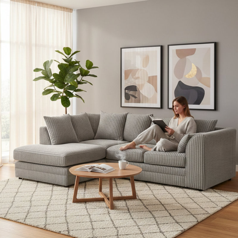 Soft Fabric Jumbo Cord 4 Seater L Shape with Foot Stool Upholstered Living Room Sets, Silver, Left Hand Facing