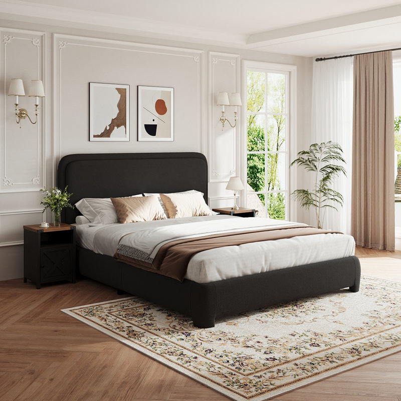 Ensemble de lit plateforme tapissier 3 pièces Bensu Boucle, Double, Noir