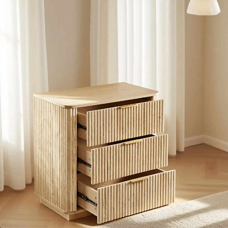Commode 3 tiroirs, conception moderne à vagues larges 27,58 po, table de chevet, commode en bois pour chambre à coucher, salon et couloir, chêne