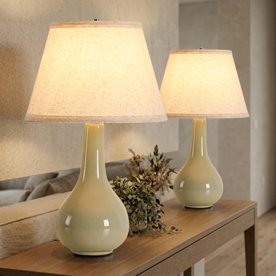2-Pack 18.11" Tall Ceramic Table Lamp, Glossy Pale Cyan Body with Linen Fabric Shade, Ideal for Bedroom, Living Room, Bedside, Desk