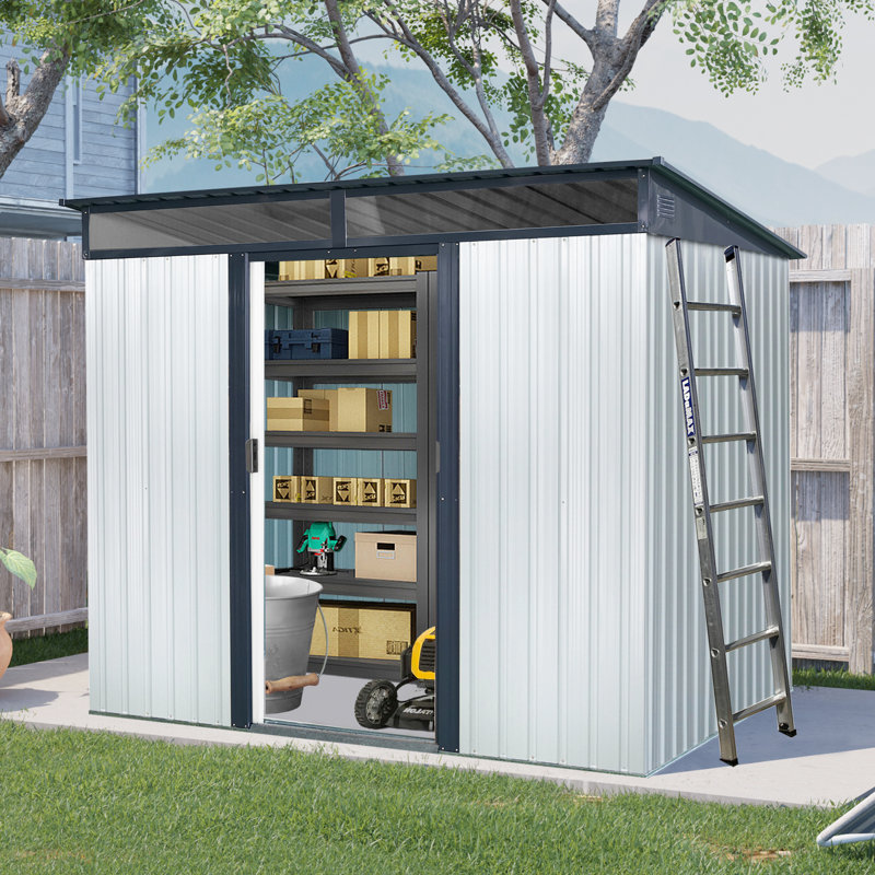 8Ft X 6Ft Metal Outdoor Storage Shed With Transparent Panel - For Garden, Lawn Weather Resistance, White/Black