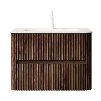 Armoire de meuble-lavabo flottant flottant en pierre frittée blanche à 2 tiroirs 30 po style scandinave rétro rayé noyer