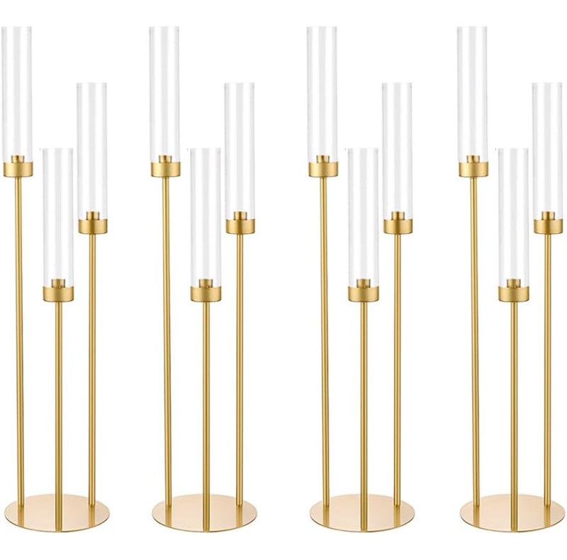 4pcs Gold Candelabra 3 Arm Taper Candle Holders with Acrylic Lampshade