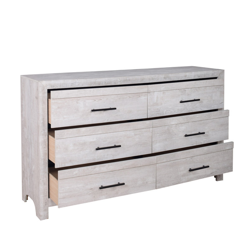 Commode Bisca de 63 po de largeur, 6 tiroirs, poignées noires, bois gris clair