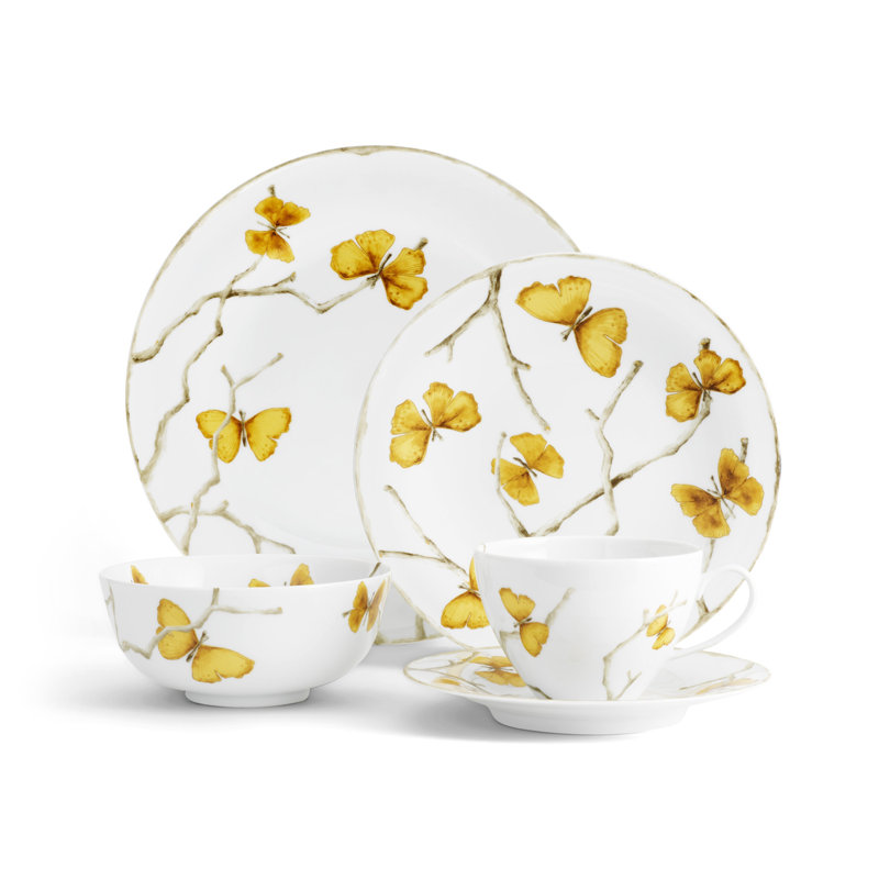 Butterfly Ginkgo 5 Piece Yellow/White Dinnerware Set
