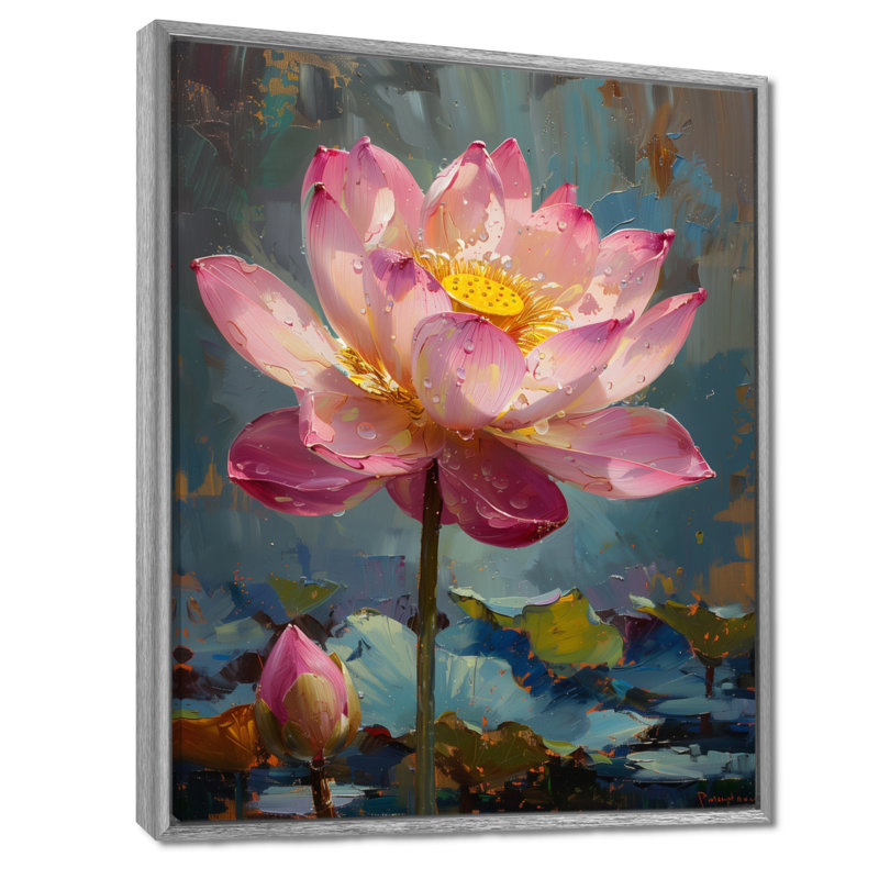 Décoration de lotus rose et gris - étang de lotus, Encadrement argenté, H 16 po x l 32 po