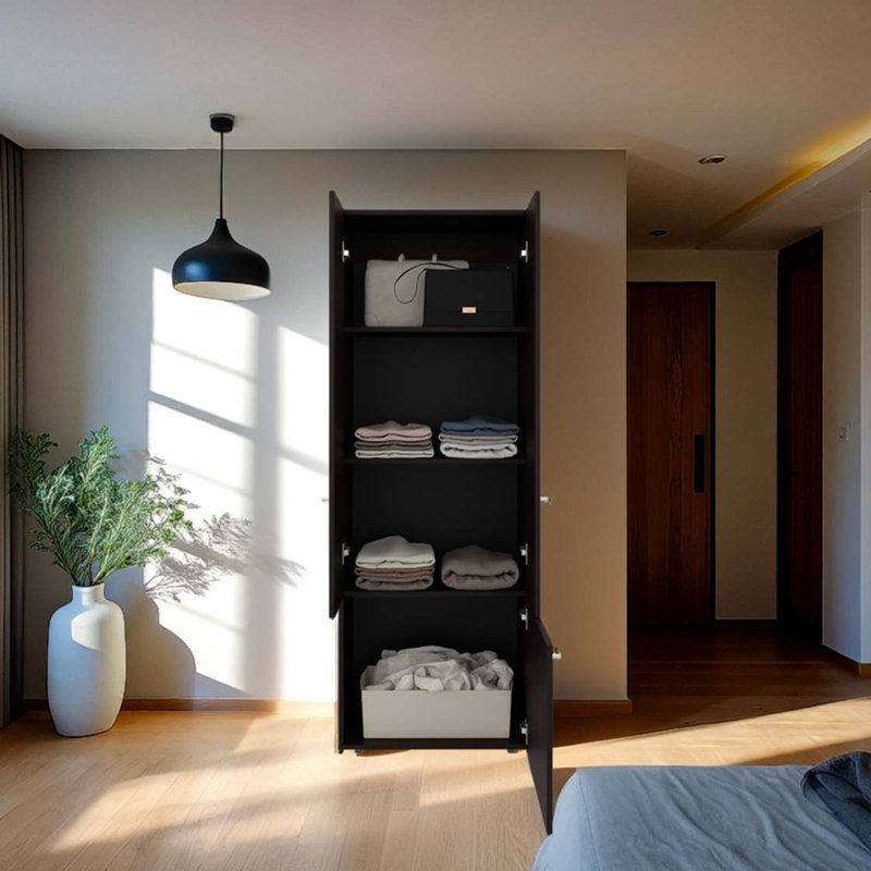 Armoire-penderie 3 portes en noyer teinté avec 4 tablettes, Noyer