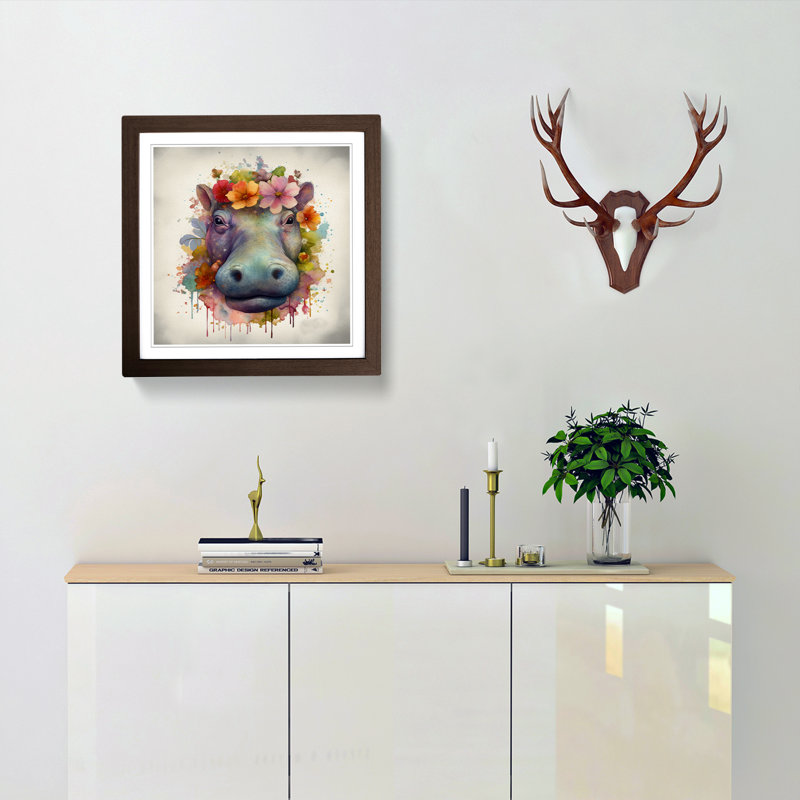Hippo Floral Art - Framed Print, Walnut